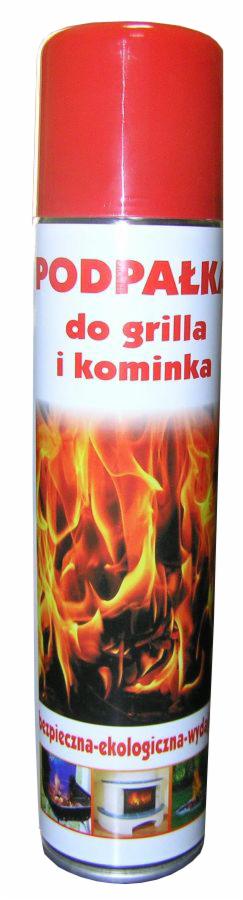 Pionowe ujęcie puszki z czerwoną nakrętką, etykietą 'Podpałka do grilla i kominka' z grafiką płomieni i hasłem 'bezpieczna-ekologiczna-wydajna', prezentującej produkt.