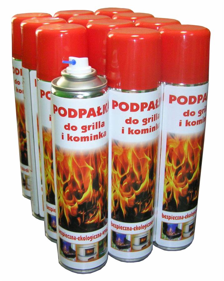 Puszki sprayu z podpalką do grilla i kominka, z grafiką płomieni, ustawione w rzędzie, z widocznym napisem 'PODPAŁKA do grilla i kominka' oraz hasłem 'bezpieczna-ekologiczna-wy'