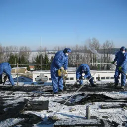 Pracownicy w niebieskich kombinezonach ochronnych usuwają starą papę z dachu budynku przy użyciu młotów pneumatycznych i łopat na tle zimowego krajobrazu.