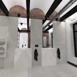 Wizualizacja łazienki z dwoma białymi umywalkami, prysznicem w tle, ceglanym łukowym sufitem i czarnymi akcentami, prezentująca nowoczesny design z surowymi elementami.