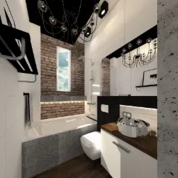 Industrialna łazienka z ceglaną ścianą, wanną obudowaną blachą ryflowaną, wiszącą lampą w stylu loft i drewnianą podłogą.