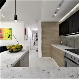 Wizualizacja nowoczesnej kuchni z marmurową podłogą i blatem, drewnianymi szafkami oraz czarnymi elementami wyposażenia, widok na dalszą część mieszkania z dekoracyjną ścianą.