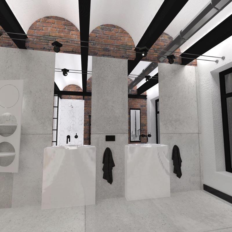 Wizualizacja łazienki z dwoma białymi umywalkami, prysznicem w tle, ceglanym łukowym sufitem i czarnymi akcentami, prezentująca nowoczesny design z surowymi elementami.