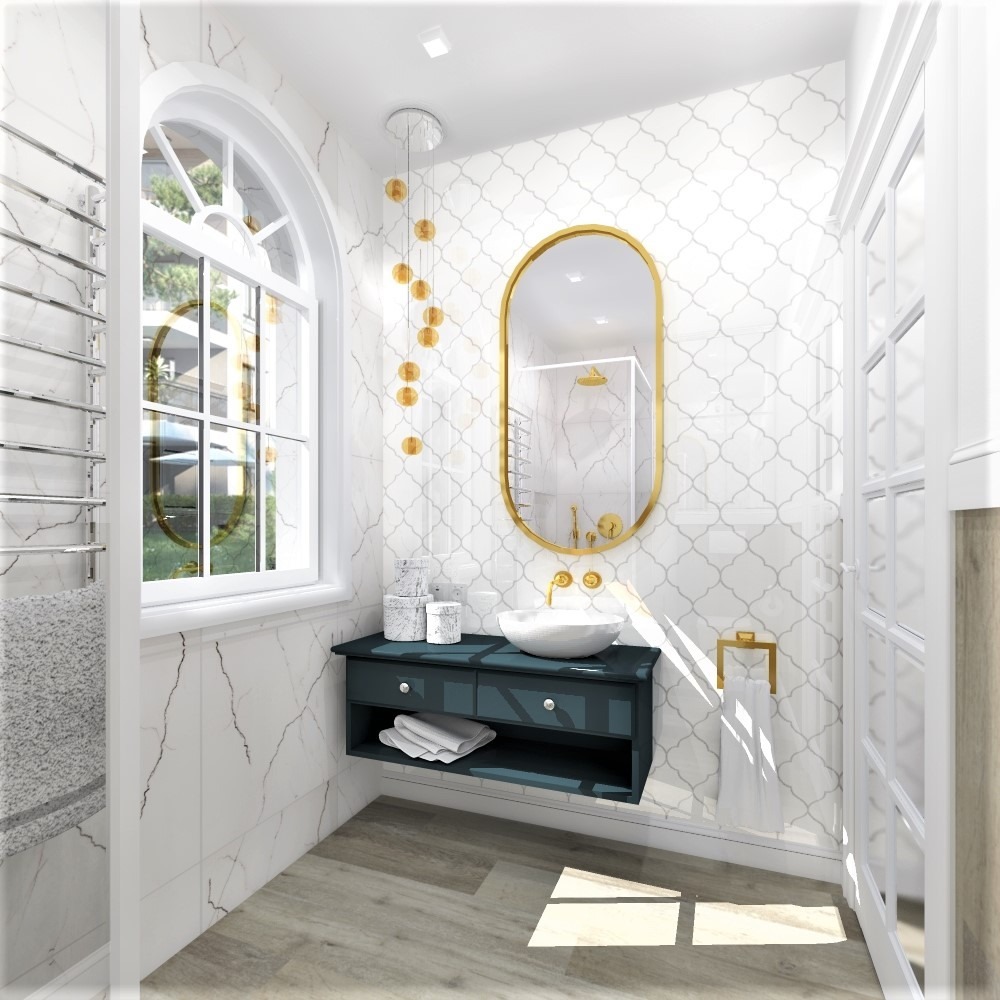 Wizualizacja łazienki z umywalką nablatową, owalnym lustrem w złotej ramie, wiszącą szafką w kolorze granatowym i dekoracyjną lampą wiszącą z kul.