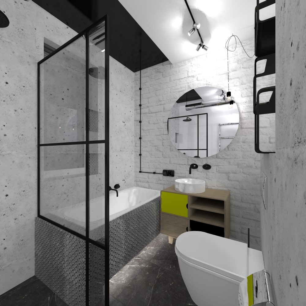 Nowoczesna łazienka z kabiną prysznicową ze szklanymi ściankami w czarnej ramie, białą wanną obudowaną płytkami z fakturą, okrągłym lustrem i umywalką nablatową na szafce z zielonym akcentem.