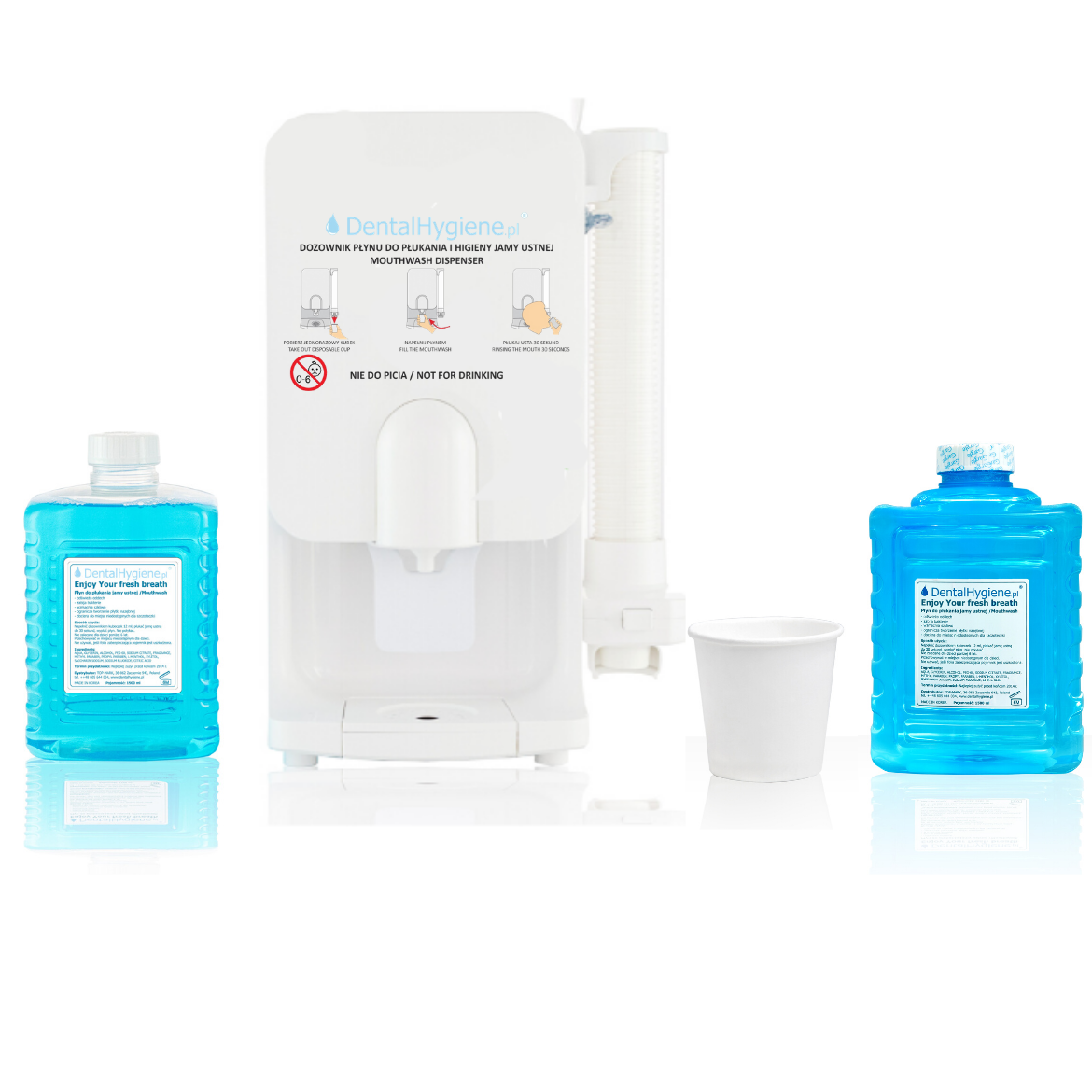 Dozownik płynu do płukania jamy ustnej marki DentalHygiene.pl, z dwoma butelkami płynu w kolorze turkusowym i jednorazowym kubeczkiem, na białym tle.
