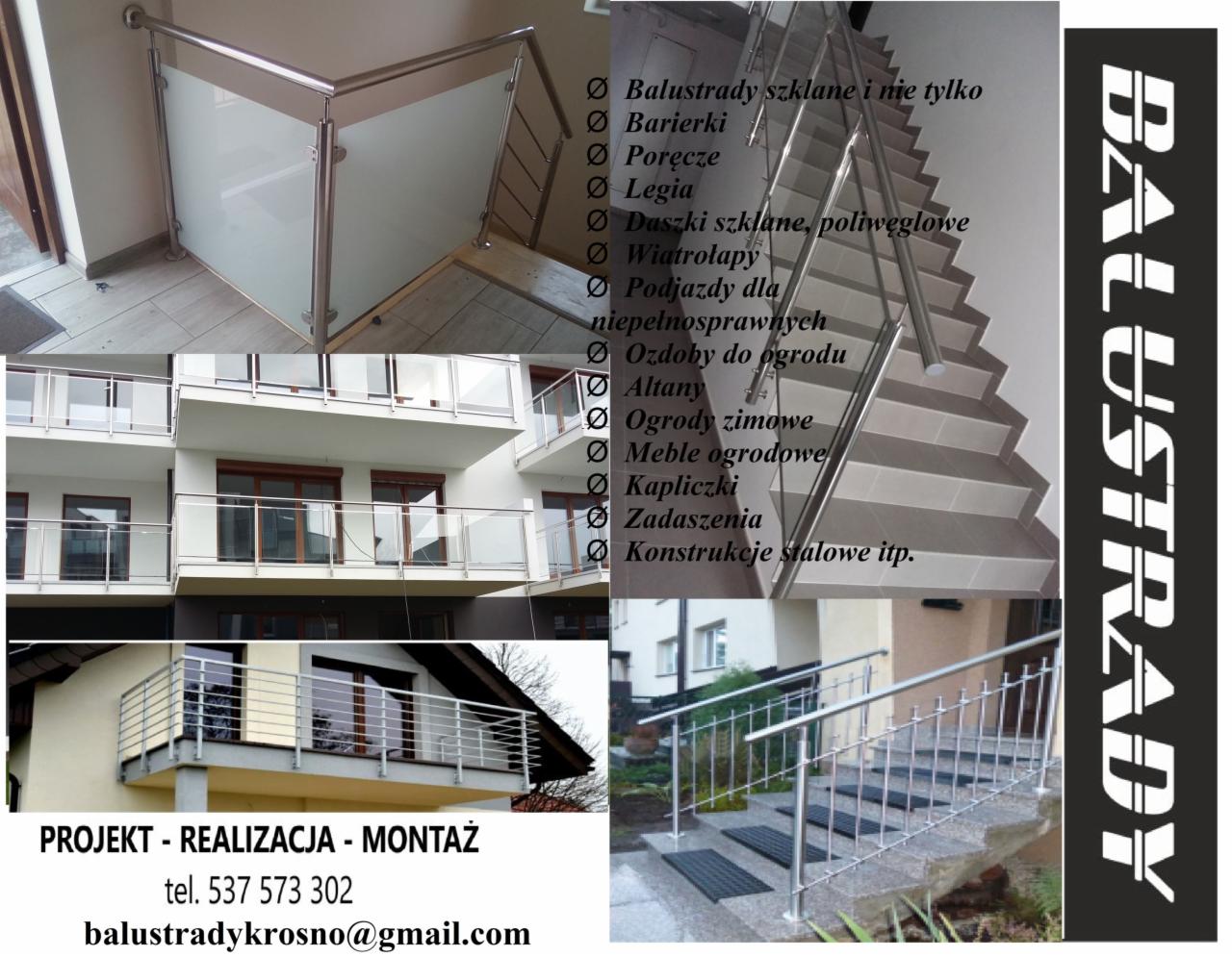 Kompilacja zdjęć balustrad: szklana narożna, balkonowe ze stali nierdzewnej, schodowe zewnętrzne z poręczą oraz logo firmy Balustrady.