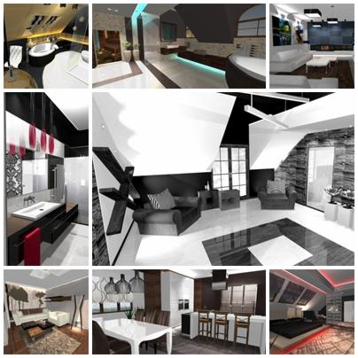 Kolaż wizualizacji wnętrz w stylu nowoczesnym: łazienka z owalną wanną, salon z geometrycznym dywanem i oświetleniem LED, sypialnia na poddaszu z podświetlanym łóżkiem, kuchnia z białym stołem...