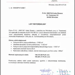 Skan dokumentu referencyjnego firmy dekarskiej WIKTUS dla ELEKTROTIM S.A. z wyszczególnionym zakresem prac dekarsko-blacharskich na obiekcie strzelnicy we Wrocławiu.
