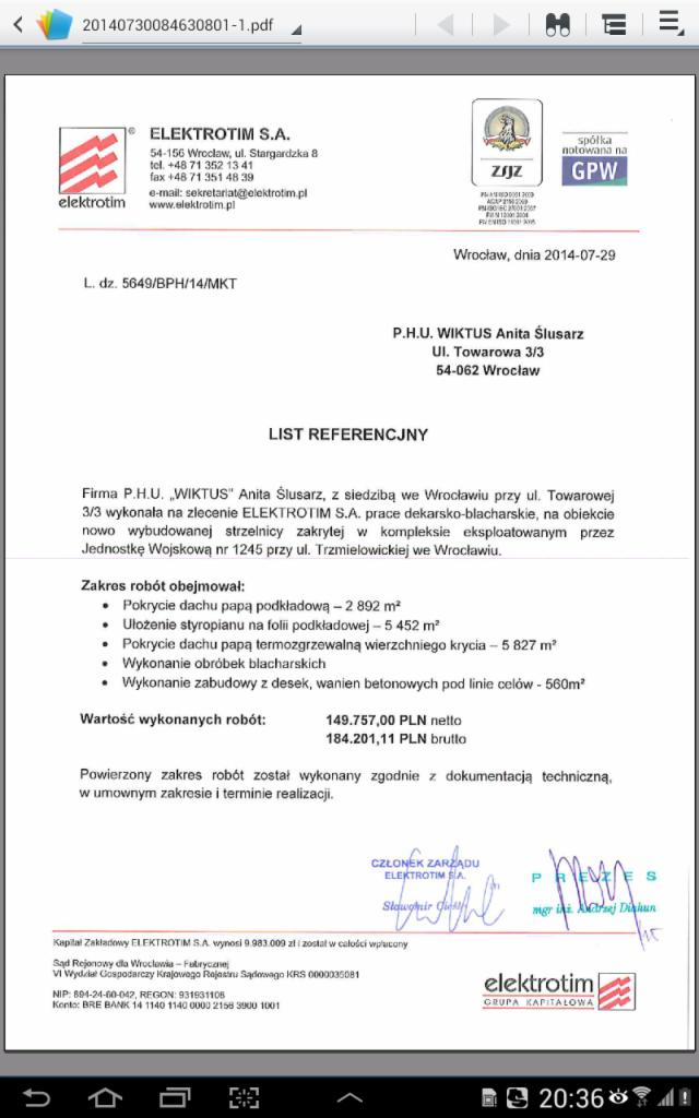 Skan dokumentu referencyjnego firmy dekarskiej WIKTUS dla ELEKTROTIM S.A. z wyszczególnionym zakresem prac dekarsko-blacharskich na obiekcie strzelnicy we Wrocławiu.