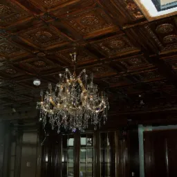 Dekoracyjny sufit z ciemnego drewna z kasetonami i ornamentami, podwieszony kryształowy żyrandol, widoczne okna i fragmenty ścian z drewnianą boazerią.