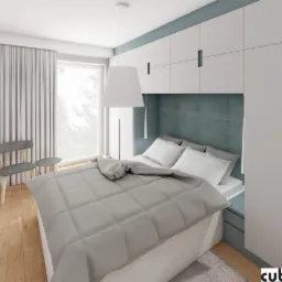 Wizualizacja sypialni w odcieniach szarości i błękitu z łóżkiem, szafą w zabudowie i krzesłem przy oknie, oświetlona wiszącą lampą.