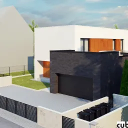 Wizualizacja nowoczesnego domu jednorodzinnego z garażem, elewacja z białego i grafitowego klinkieru, brama wjazdowa z poziomych profili, cztery pojemniki na śmieci.