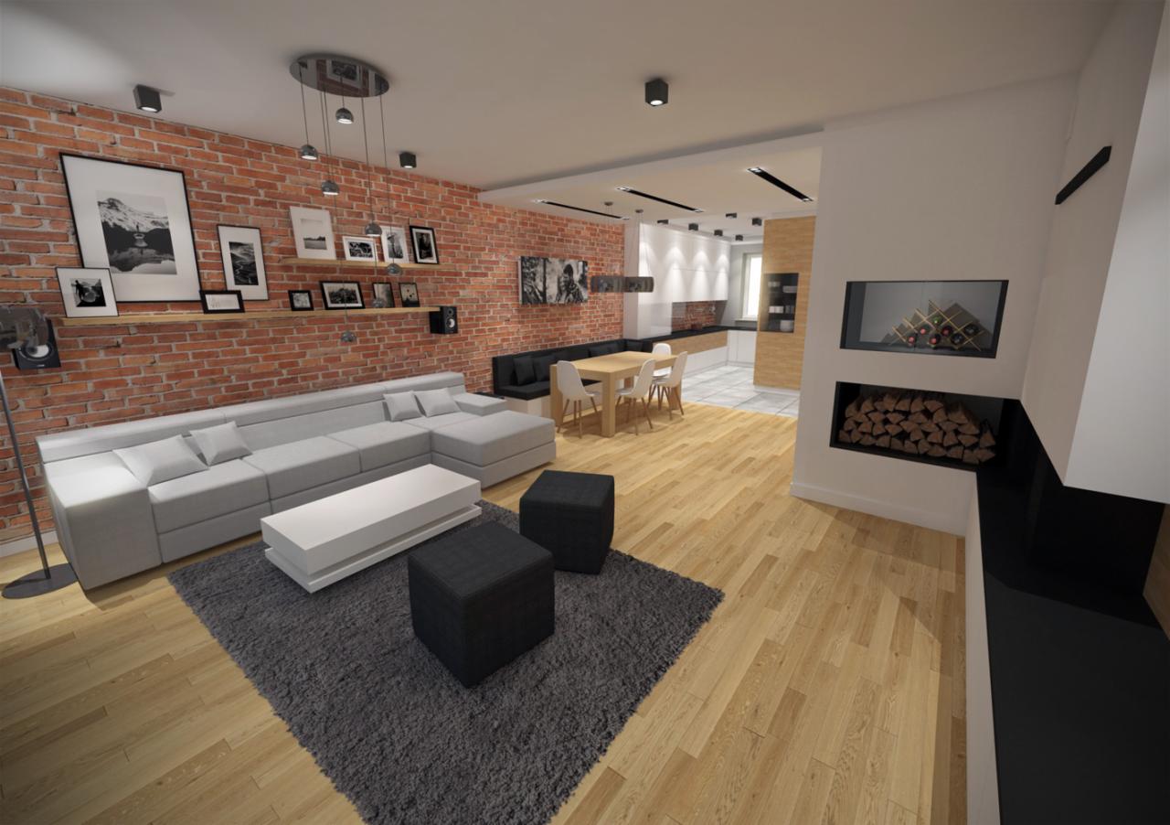 Wizualizacja przestronnego salonu z ceglaną ścianą, szarą sofą narożną, drewnianą podłogą i kominkiem z winami i drewnem, otwartego na kuchnię z jadalnią.
