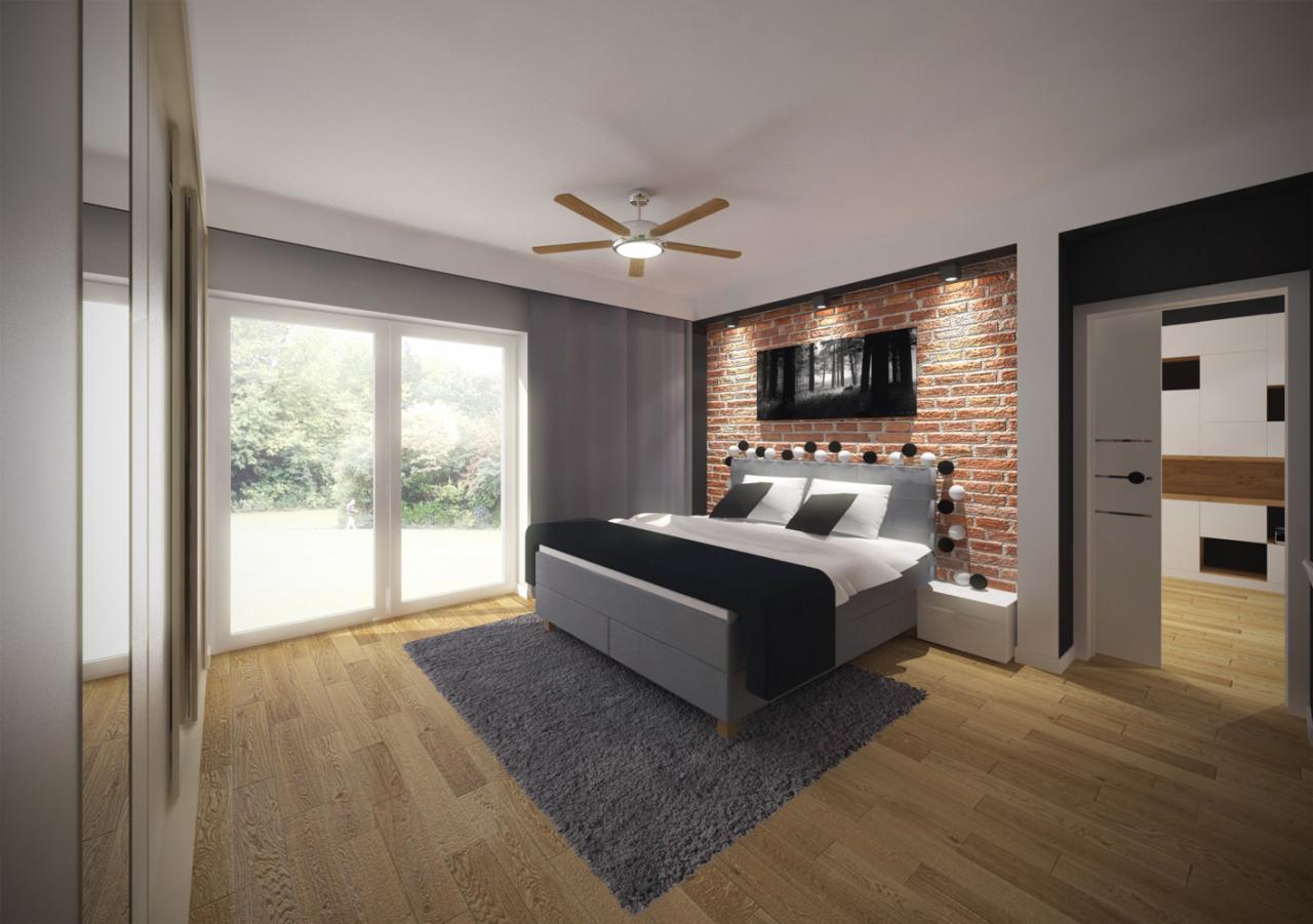 Nowoczesna sypialnia z łóżkiem kontynentalnym, ceglaną ścianą i drewnianą podłogą; widok na ogród przez duże okno.