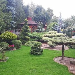 OGRODY PILARSCY mamy zielone pojecie..... - Starannie zaprojektowany i wypielęgnowany ogród z różnorodnymi roślinami, w tym formowanymi drzewami i krzewami, altaną w tle oraz elementami dekoracyjnymi w stylu japońskim, takimi jak kamienna...