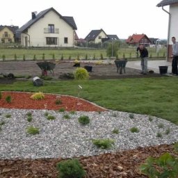 OGRODY PILARSCY mamy zielone pojecie..... - Układanie trawy z rolki w ogrodzie z wydzielonymi strefami: trawnik, kora, kamień; widoczne narzędzia ogrodnicze i pracownicy podczas realizacji.