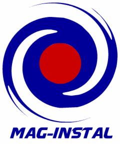 Logo firmy MAG-INSTAL: stylizowany okrąg z czerwonym punktem w centrum, otoczony wirującymi, białymi elementami na granatowym tle. Pod spodem napis 'MAG-INSTAL' w granatowym kolorze.