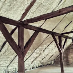 Poddasze z drewnianą konstrukcją więźby dachowej, pokryte warstwą izolacyjną z jasnej pianki natryskowej, widoczne fragmenty ściany z cegły.