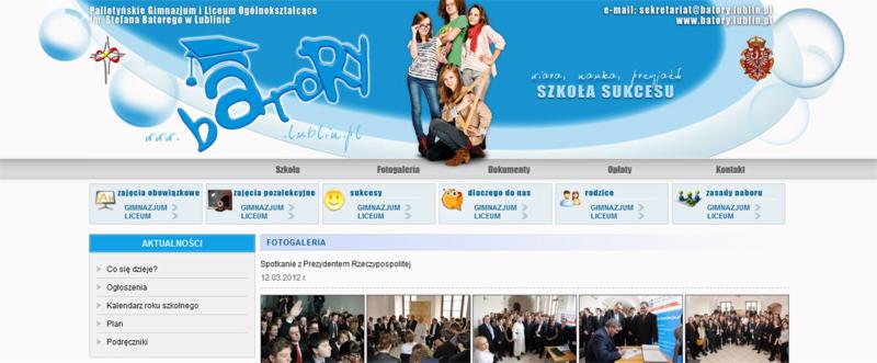 Zrzut ekranu strony internetowej Liceum Batorego w Lublinie, prezentujący górną część strony z logo szkoły, zdjęciem uczniów i menu nawigacyjnym.