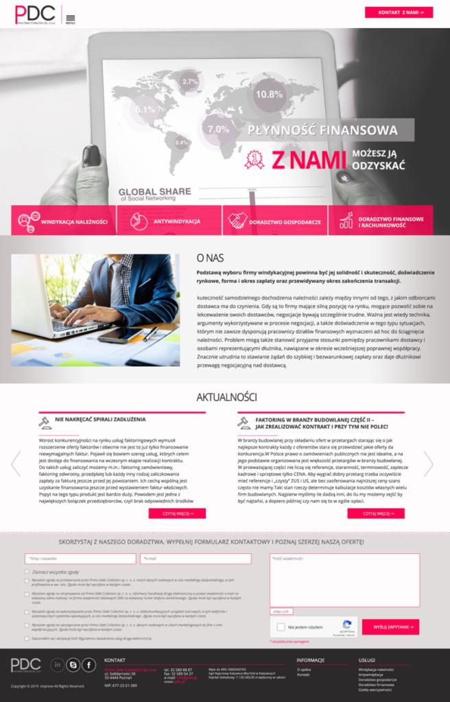 Strona internetowa firmy doradczej z interaktywną mapą świata prezentującą płynność finansową w różnych regionach, obok moduły windykacji należności, antywindykacji, doradztwa gospodarczego...