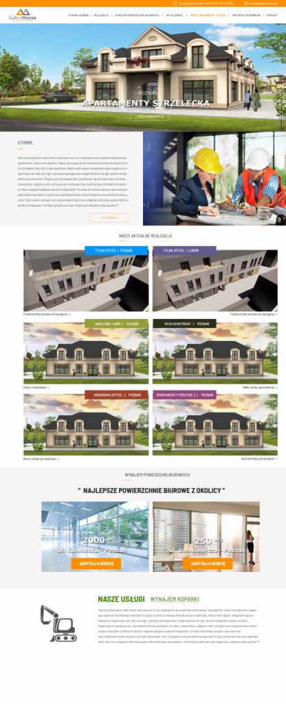 Zrzut ekranu strony internetowej firmy budowlanej z wizualizacją apartamentów, ofertą wynajmu powierzchni biurowych i usługami wynajmu koparek.