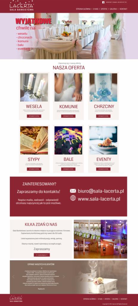 Projekt strony internetowej sali bankietowej Lacerta, prezentujący ofertę wesel, komunii, chrzcin, styp, bali i eventów.