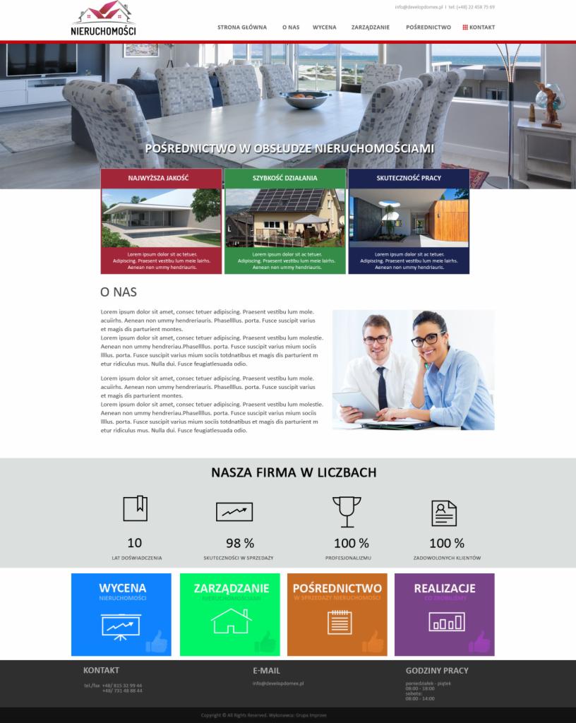 Projekt strony internetowej agencji nieruchomości z widocznym nagłówkiem, sekcją o firmie, statystykami i danymi kontaktowymi.