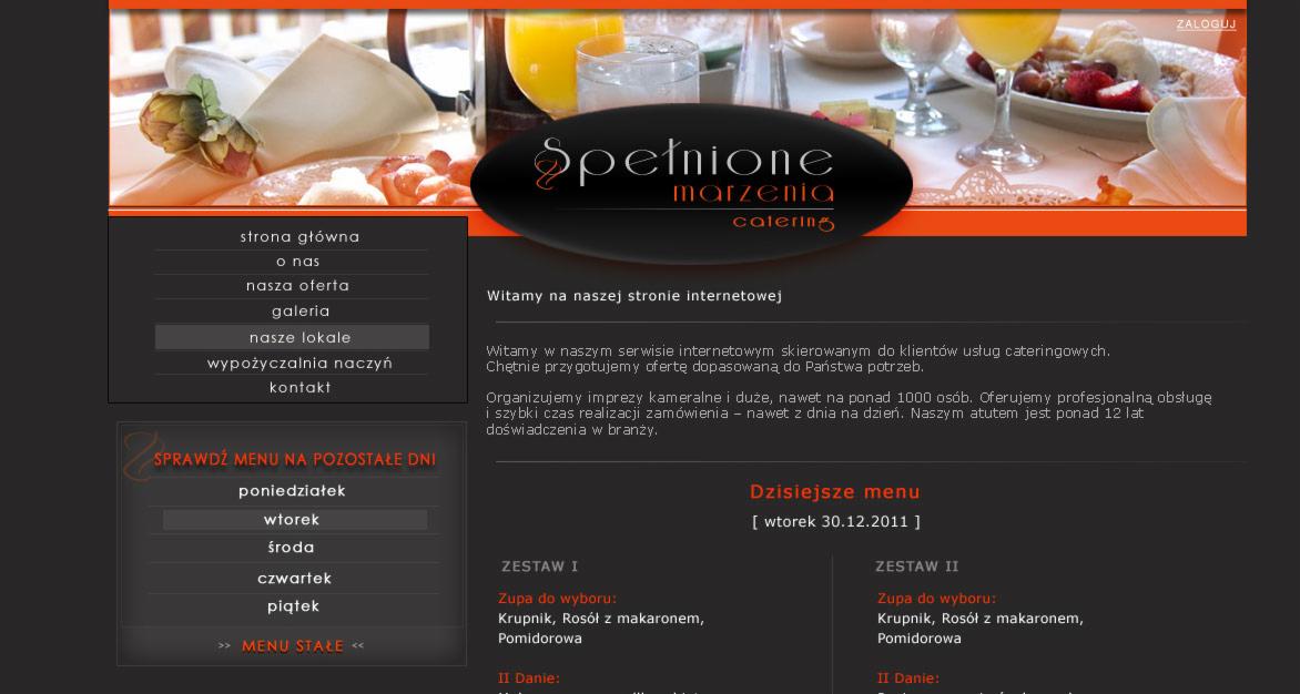 Zrzut ekranu strony internetowej firmy cateringowej 'Spełnione Marzenia', prezentujący menu na dzień 30.12.2011 oraz ofertę cateringową z 12-letnim doświadczeniem.