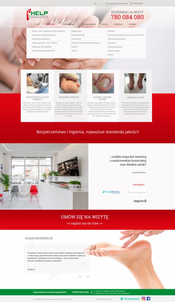 Zrzut ekranu strony internetowej gabinetu podologicznego z ofertą zabiegów na stopy i paznokcie, widoczne logo firmy, menu nawigacyjne, zdjęcia problemów ze stopami i nowoczesne wnętrze gabinetu.