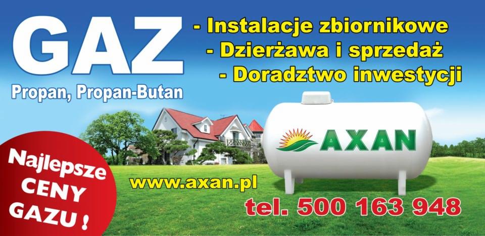 Grafika reklamowa prezentująca biały zbiornik na gaz płynny z logo AXAN na tle domu jednorodzinnego, trawnika i błękitnego nieba, z informacjami o instalacjach zbiornikowych, dzierżawie, sprzedaży...