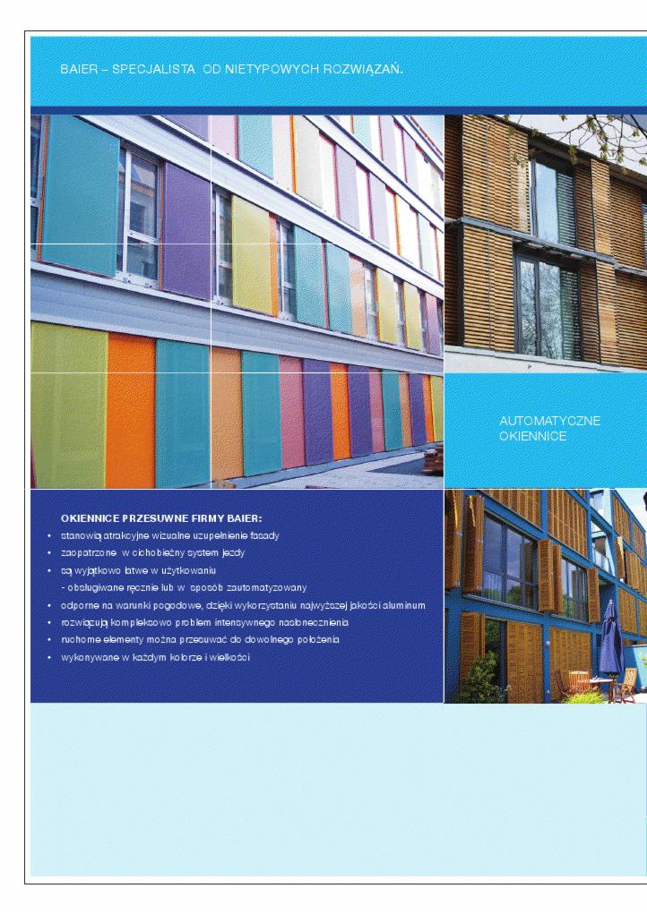 Reklama okiennic przesuwnych firmy Baier z kolorowymi panelami na fasadzie budynku.