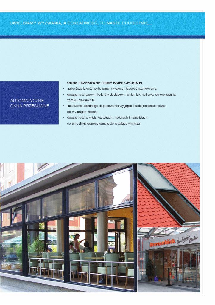 Zewnętrzne, automatyczne okna przesuwne z czarnymi ramami w kawiarni, widoczne stoliki i krzesła wewnątrz, reklama firmy Baier z cechami produktu na pierwszym planie.