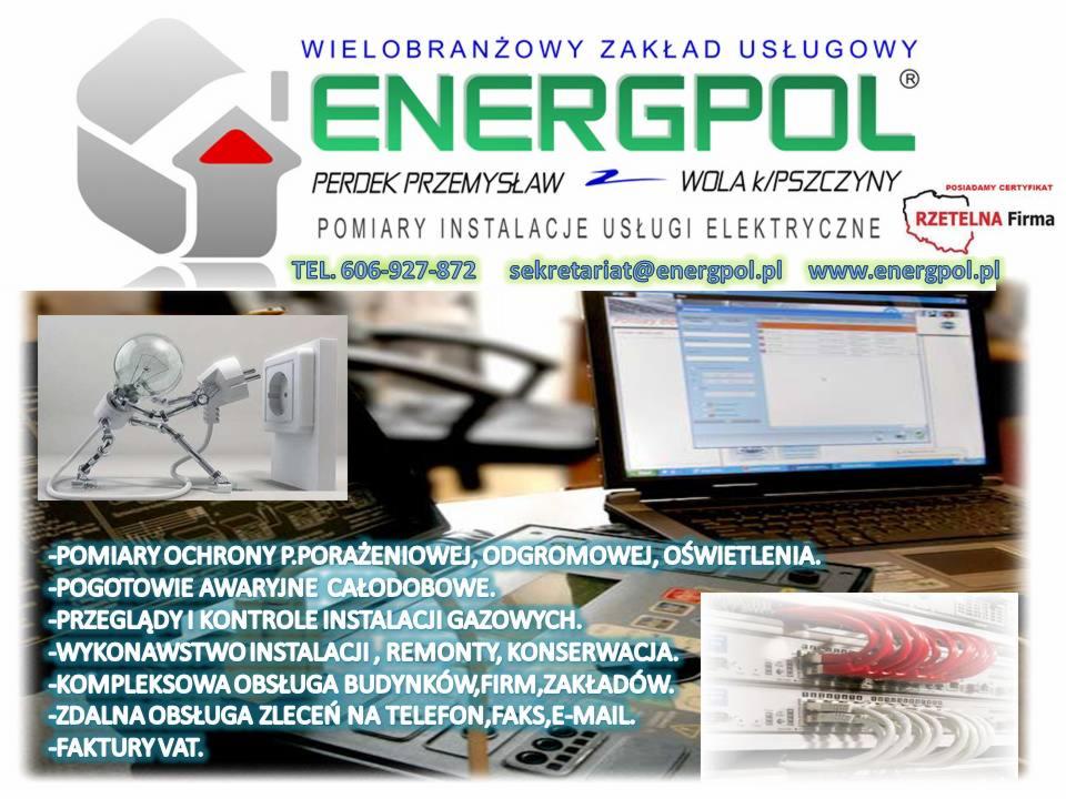 Reklama firmy Energpol z Katowic oferującej usługi elektryczne i gazowe, w tle laptop z uruchomionym programem, grafika z robotem podłączającym wtyczkę do gniazdka oraz fragment instalacji...