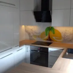 Nowoczesna kuchnia z białymi, lakierowanymi frontami, drewnianym blatem i panelem szklanym z motywem cytryn, czarny okap nad płytą indukcyjną, czarny zlew z wyciąganą wylewką.