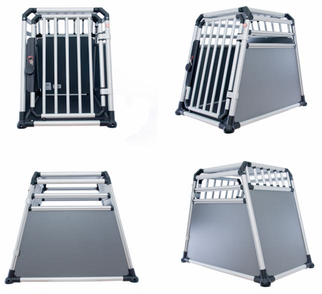 Cztery ujęcia klatki transportowej dla zwierząt z aluminium i szarego tworzywa, widok z przodu, z boku i z góry, na białym tle.