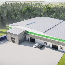 JW-PROJEKT Firma Usługowo- Handlowa Wojciech Januszczak - Wizualizacja hali magazynowej z rampą do rozładunku, widok z lotu ptaka, z zaparkowanymi samochodami osobowymi i ciężarówką, otoczona zielenią.