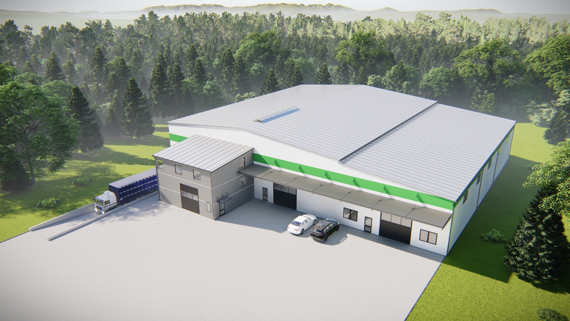 Wizualizacja hali magazynowej z rampą do rozładunku, widok z lotu ptaka, z zaparkowanymi samochodami osobowymi i ciężarówką, otoczona zielenią.