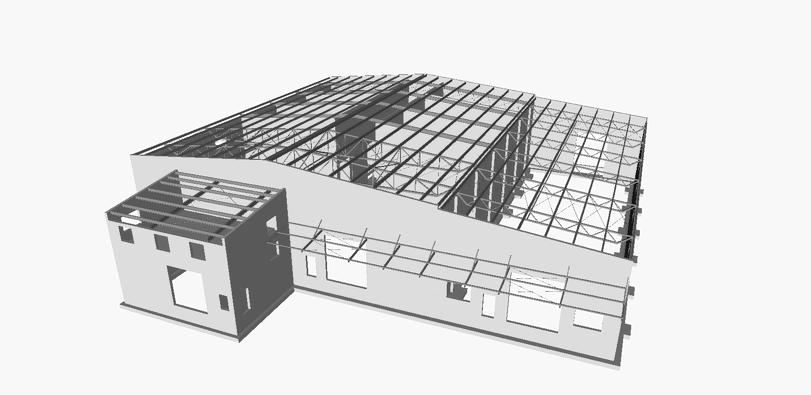 Szkic 3D hali z konstrukcją stalową dachu i dobudówką biurową, widok z góry, monochromatyczny rendering.