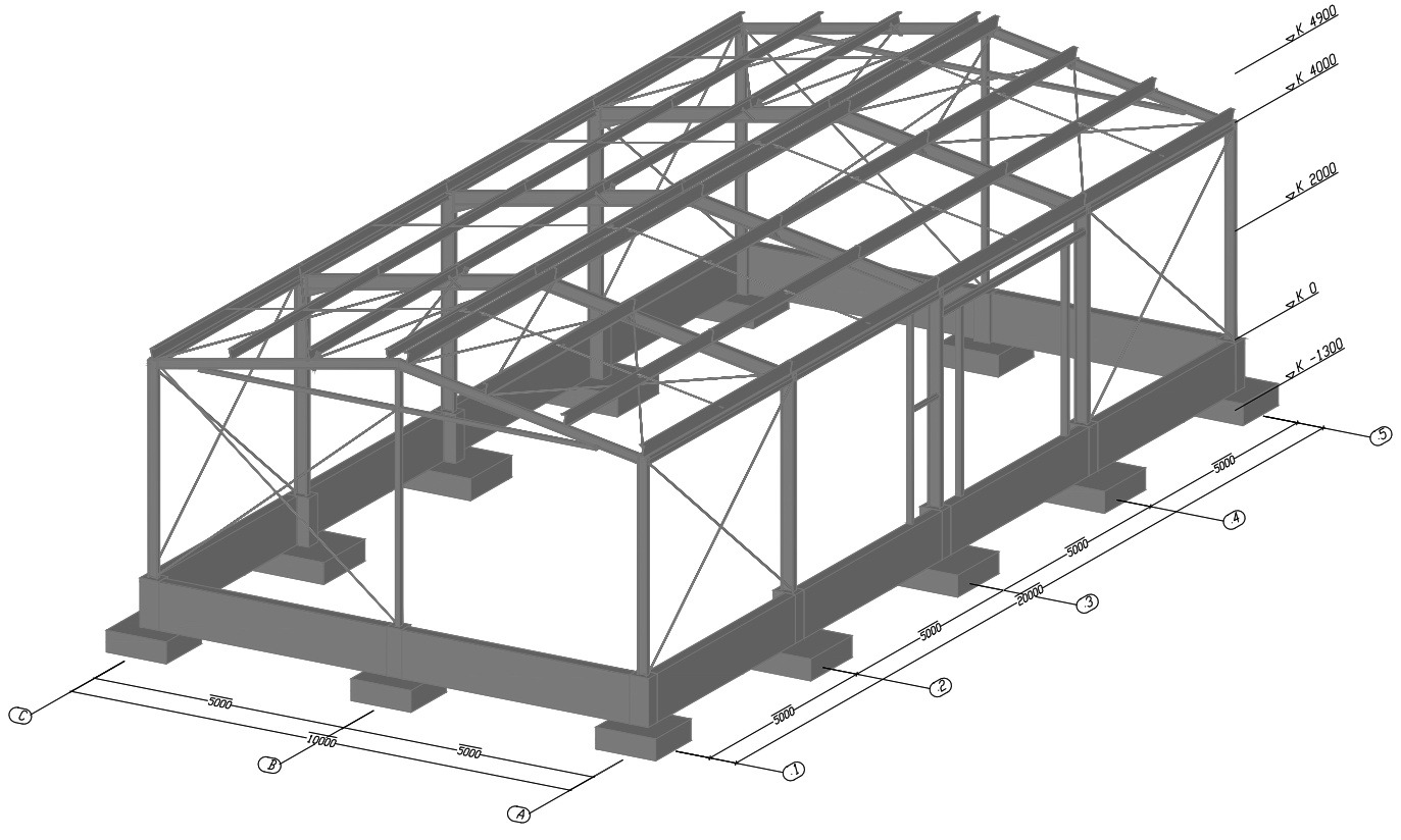 Szkic 3D szkieletu hali stalowej z zaznaczonymi wymiarami na białym tle.