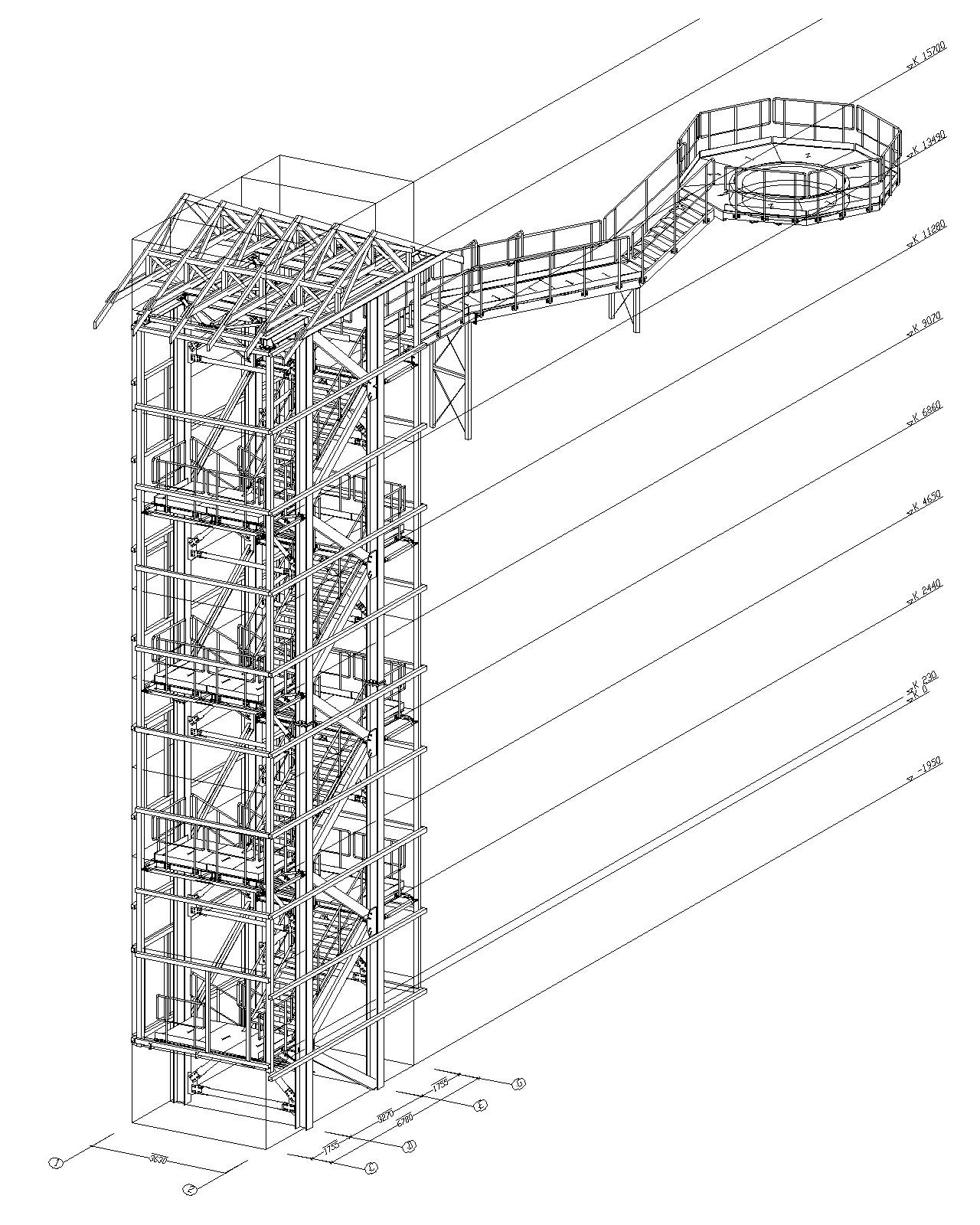 Techniczny rysunek izometryczny stalowej wieży z platformą widokową na szczycie, z zaznaczonymi wymiarami i poziomami.