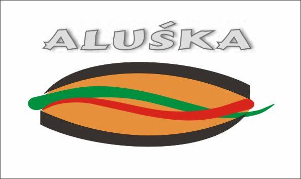 Grafika wektorowa przedstawiająca stylizowaną kanapkę z zielonym i czerwonym dodatkiem, nad nią szary napis 'ALUŚKA' z cieniem.