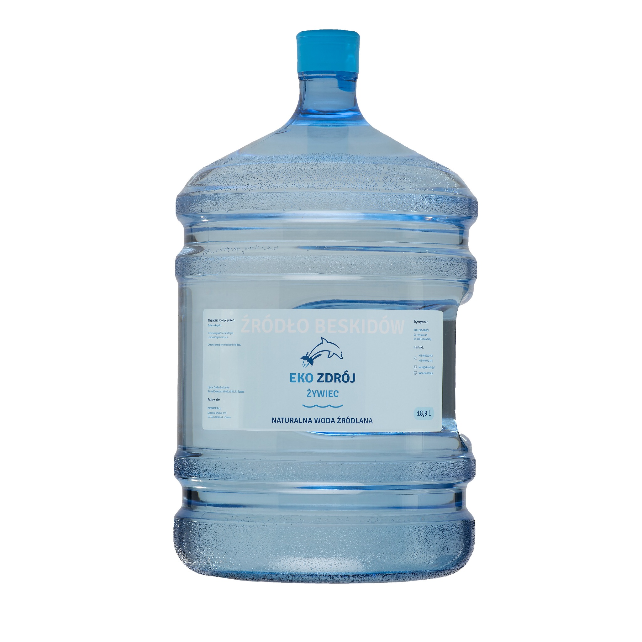 Duża, błękitna butla z wodą źródlaną Eko Zdrój Żywiec, z widocznymi kroplami na powierzchni, na białym tle.