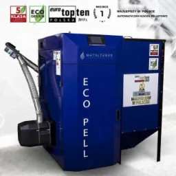 Niebieski automatyczny kocioł pelletowy Eco Pell Metalteres z certyfikatami i oznaczeniami klasy energetycznej, prezentowany w studiu.