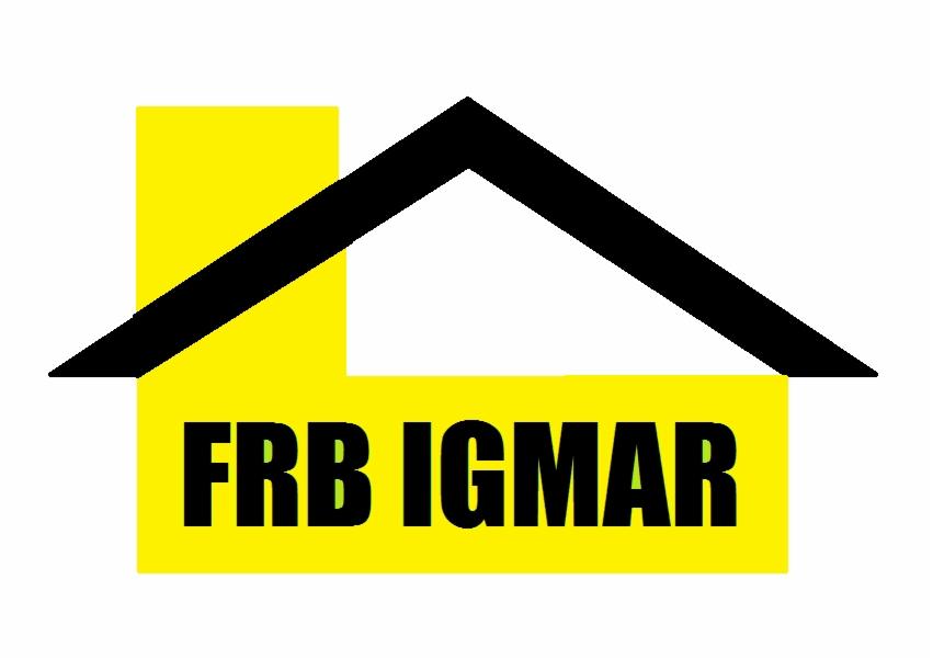 Logo firmy FRB IGMAR z czarnym dachem domu na żółtym tle. Prosty, geometryczny design, wyraźna typografia.