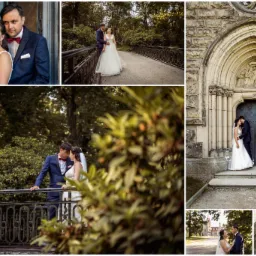 Kolaż zdjęć z sesji ślubnej w plenerze: para młoda w strojach ślubnych pozuje na moście, przy zabytkowej bramie i na tle zieleni parkowej, on w granatowym garniturze z bordową muchą, ona w białej...