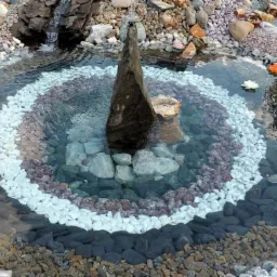 Oczko wodne z centralną fontanną z ciemnego kamienia, otoczone koncentrycznymi okręgami z różnokolorowych otoczaków: białych, czerwonych, szarych i czarnych. W tle mały wodospad i roślinność.