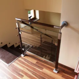 Szklana balustrada z drewnianymi i metalowymi elementami, widok z góry na schody z brązowego granitu i parkiet, grzejnik przy ścianie.