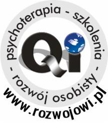 Logo firmy z napisem 'psychoterapia - szkolenia - rozwój osobisty www.rozwojowi.pl' otaczającym stylizowany znak 'QI' z elementem graficznym przypominającym kulę ziemską.