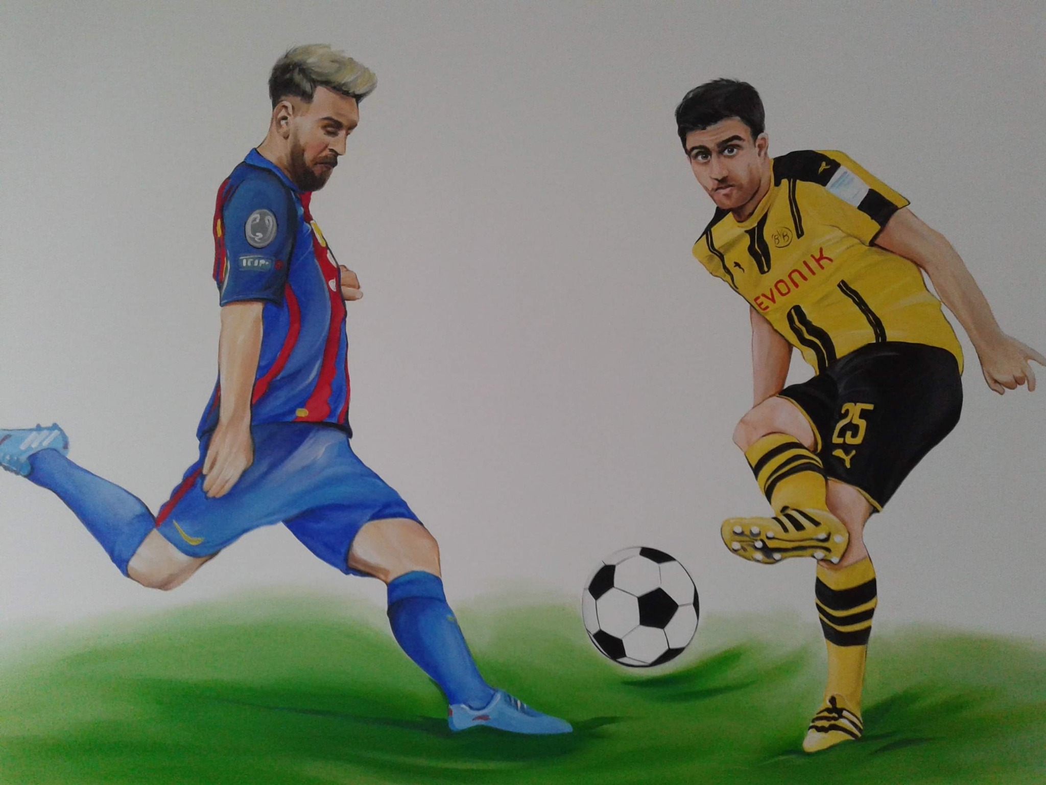 Ręcznie malowany obraz przedstawiający dwóch piłkarzy w akcji, jeden w stroju FC Barcelony, drugi w stroju Borussii Dortmund, kopiących piłkę na zielonym tle imitującym murawę boiska.